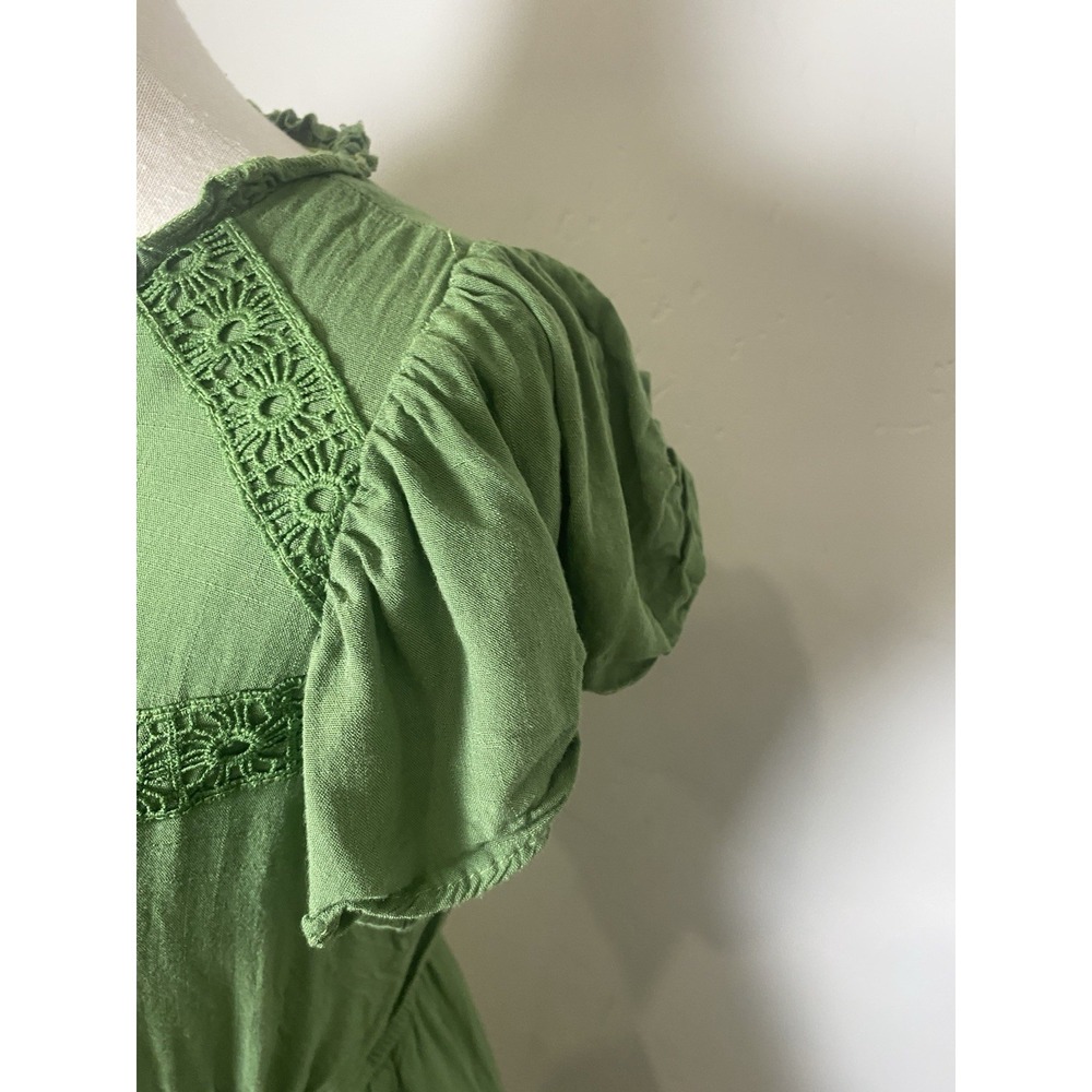 Polagram Green Midi Dress Size S Boho Cottagecore Prairie Crochet Flutter Sleeve - Picture 3 of 4